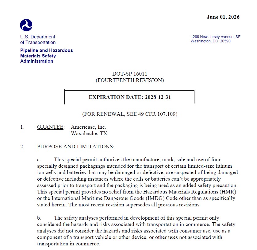 DOT Special Permit: DOT-SP 16011