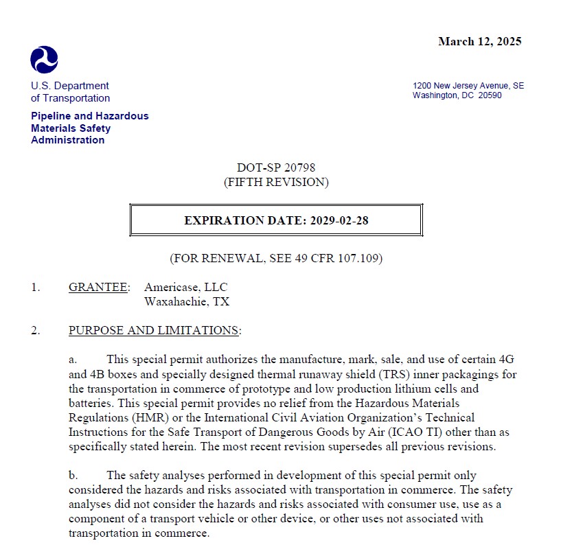 DOT Special Permit: DOT-SP 20798