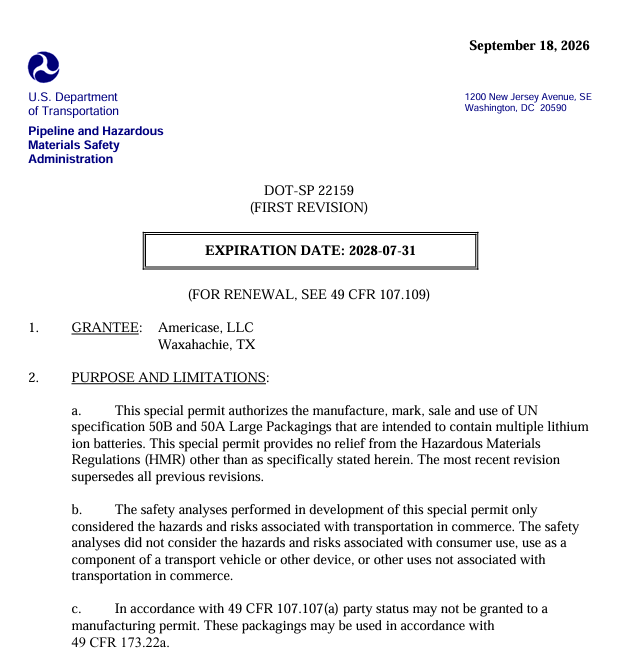 DOT Special Permit: DOT-SP 22159